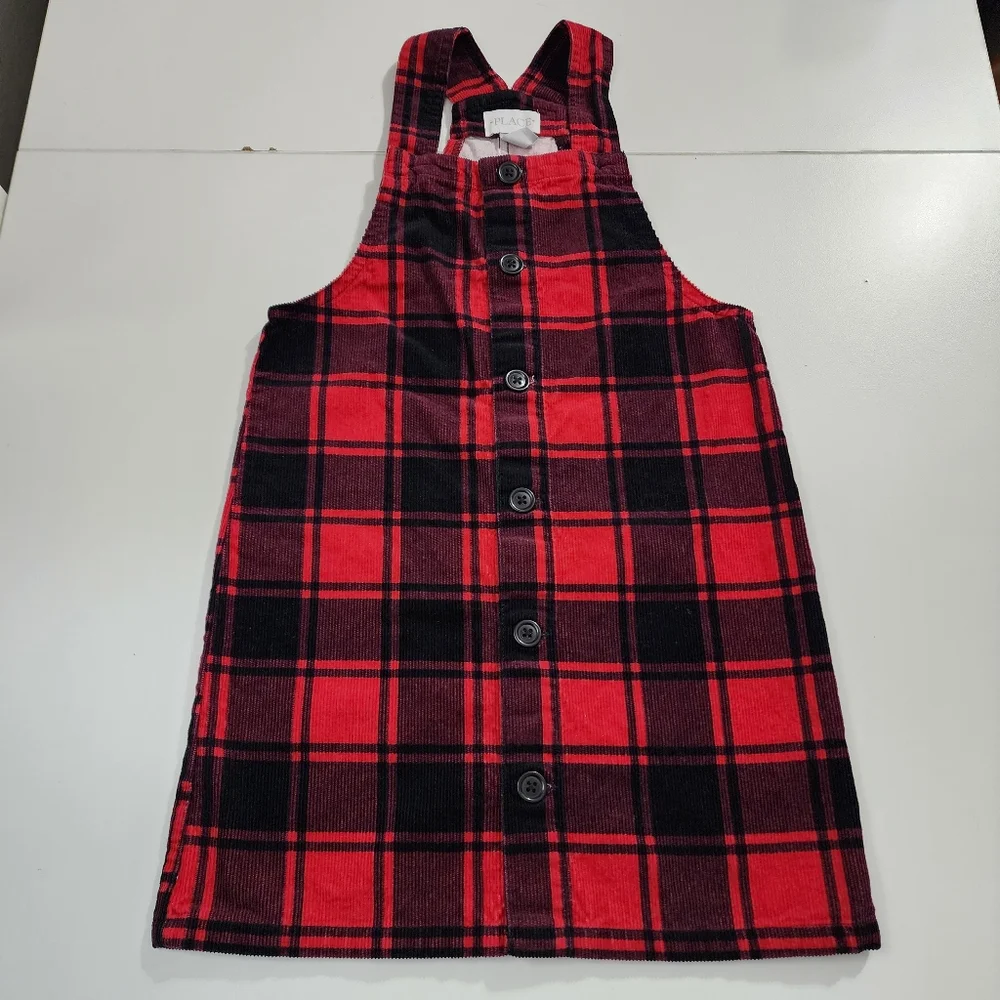 Girls Red & Black Buffalo Plaid Corduroy Overall Dress Dressalls Size 6x/7 - Picture 2 of 7